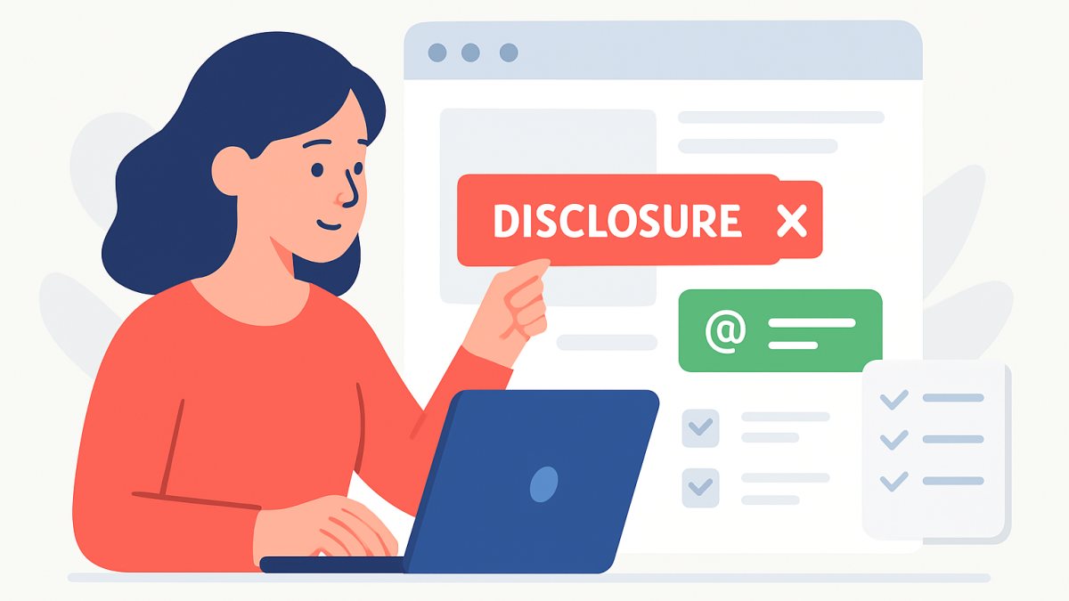 Illustration of a blogger adding an affiliate links disclosure to a product review website