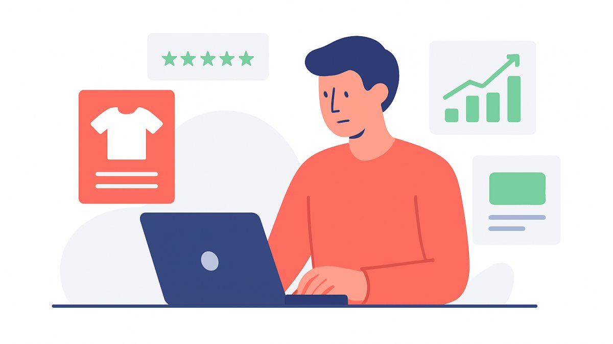 Illustration of a marketer creating an affiliate marketing website with product cards and analytics on a laptop screen