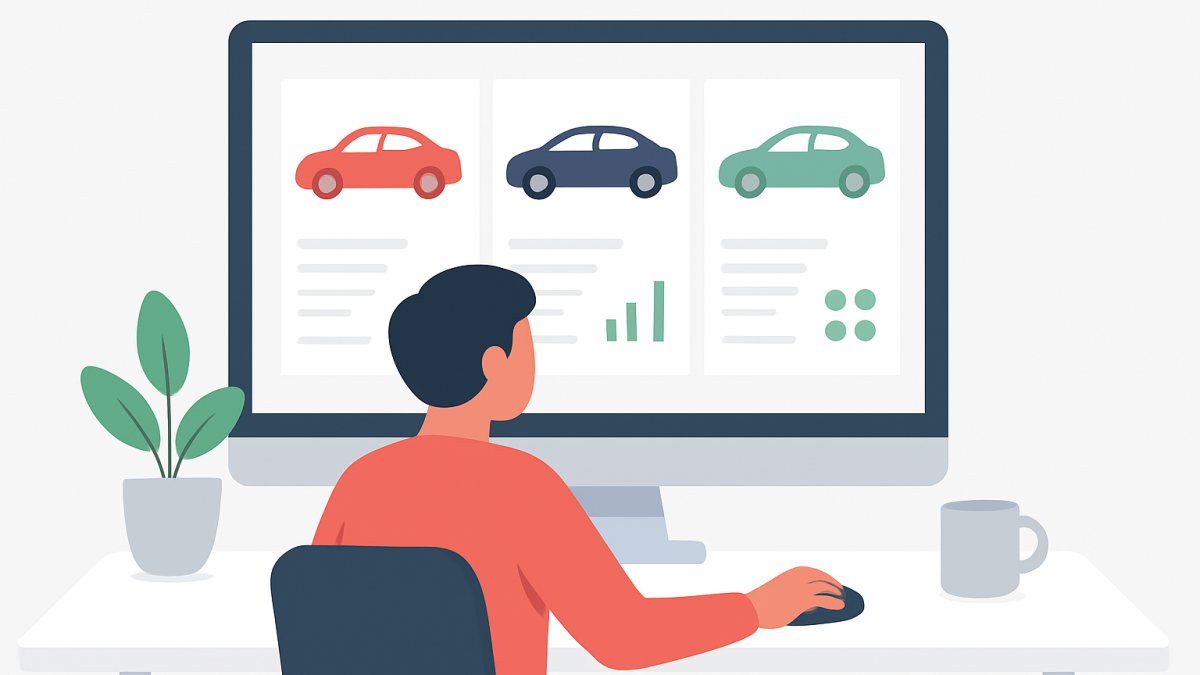 Illustration of a person comparing multiple cars on a large auto comparison website screen.