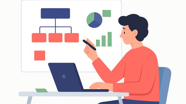 Illustration of a person planning the structure of a niche website on a laptop and whiteboard.
