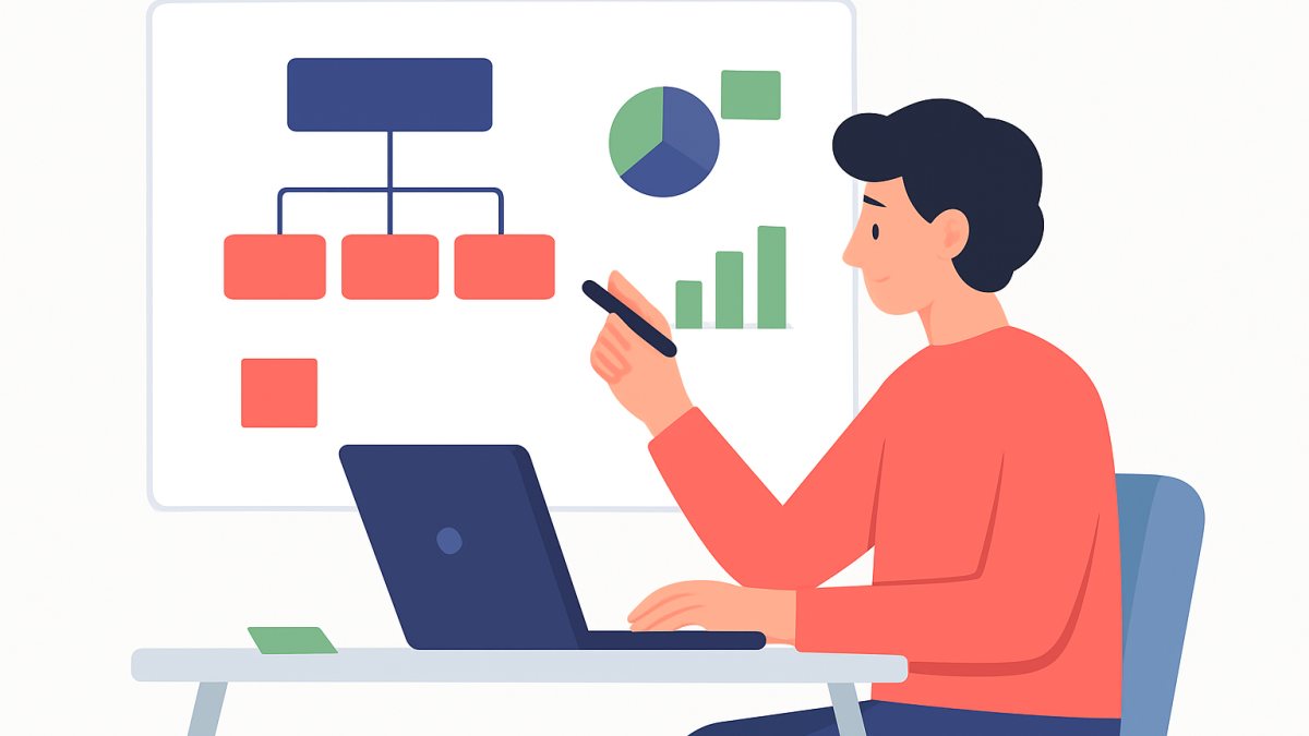 Illustration of a person planning the structure of a niche website on a laptop and whiteboard.