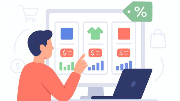 Illustration of a person comparing products and prices on a shopping comparison website on a laptop screen.