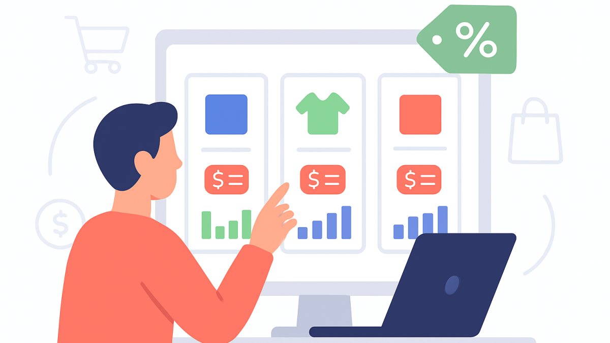 Illustration of a person comparing products and prices on a shopping comparison website on a laptop screen.