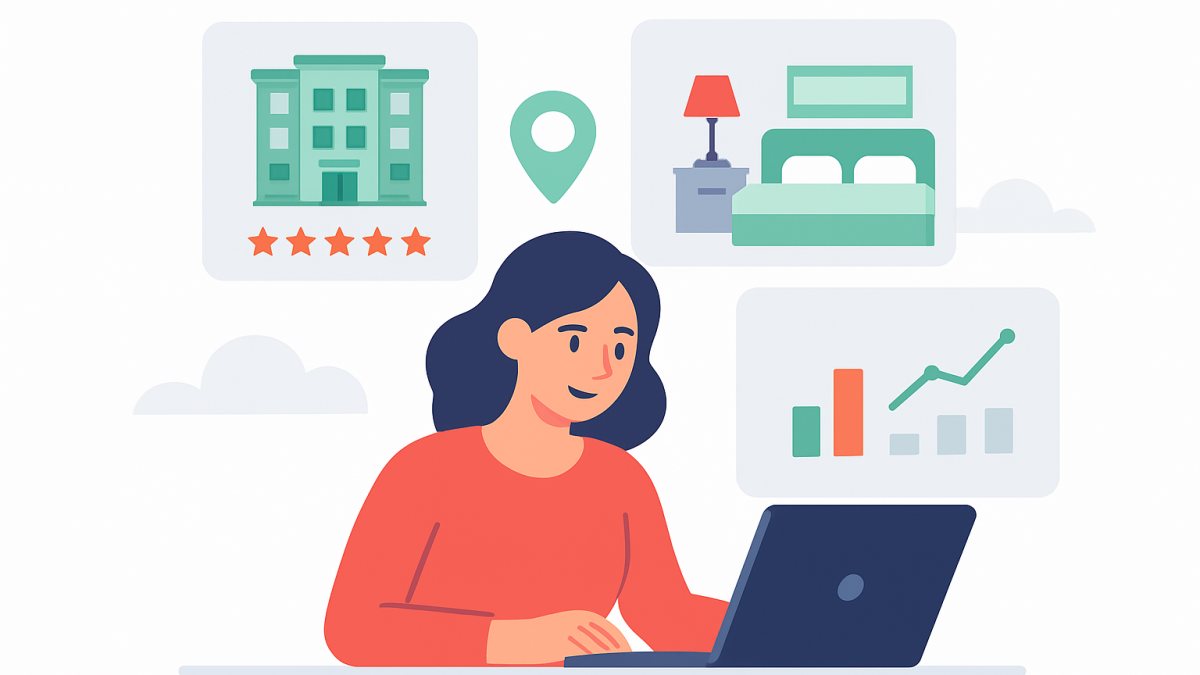 Illustration of a person building a hotel room review site with hotel icons and rating stars on a laptop screen.