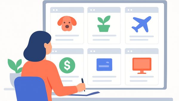 Illustration of a person planning several niche websites with different topic icons on a large screen.