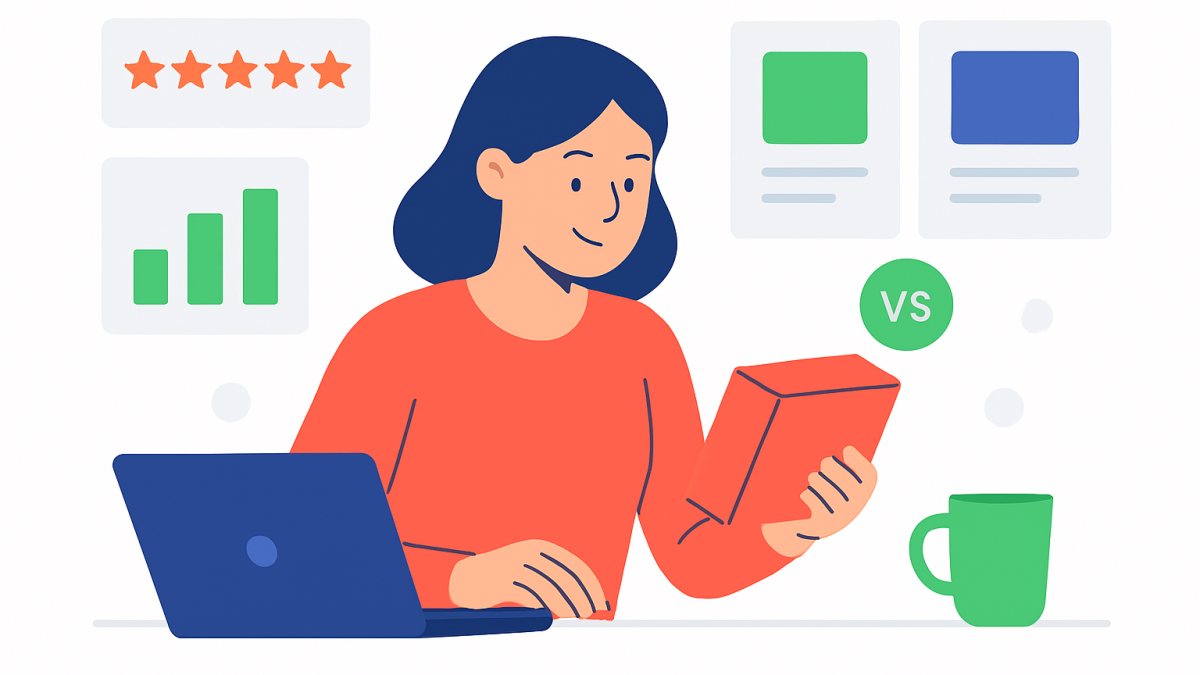 Illustration of a blogger testing products and writing reviews for a product review blog on a laptop